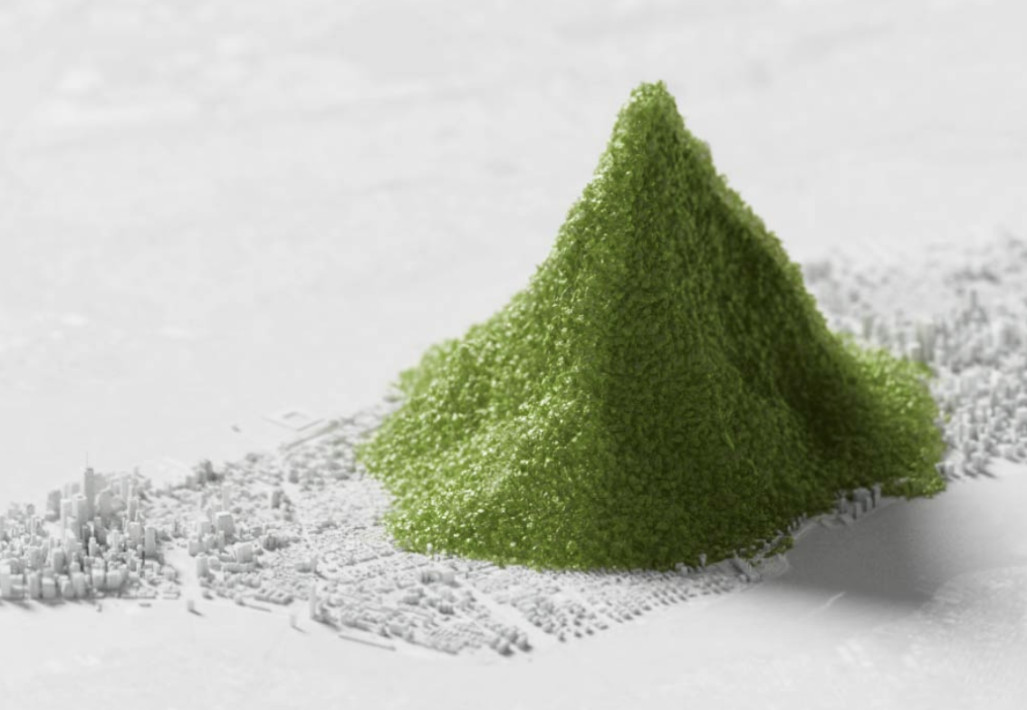 Data visualization of mismanaged plastic waste concentrated over an urban area